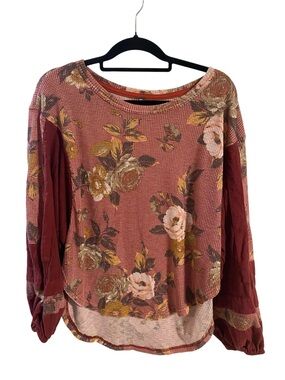 Free People Multicolor Waffle Knit Pullover with Orange Trim